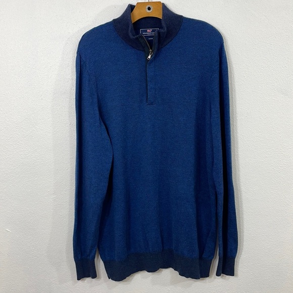 Vineyard Vines mock 1/4 zip neck, merino wool, cobalt blue pullover sweater - Picture 2 of 9